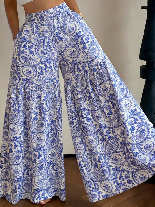 Women's 2026 New Floral High Waist Wide Leg Pants - Lightweight Flowy Boho Palazzo Trousers with Pockets for Casual Summer Wear