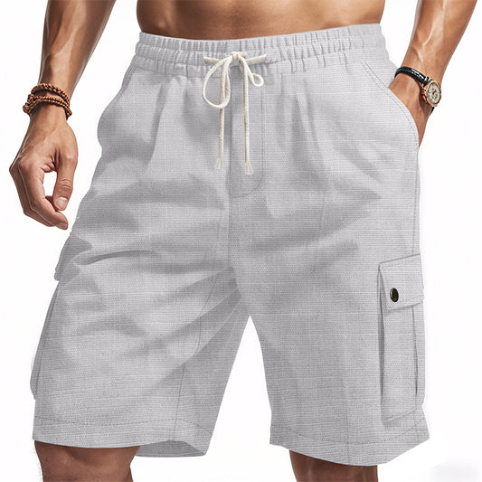 Men Linen Elastic Waist Casual Cargo Shorts