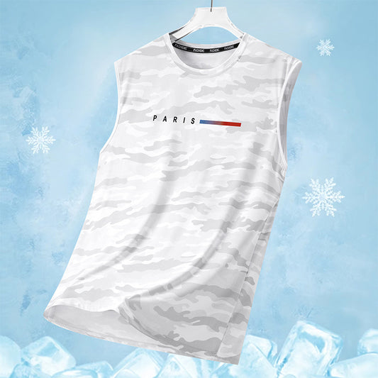 Men's Camo Paris Print Polyester Tank Top, Breathable Quick-Dry Sleeveless Workout Shirt, Summer Casual Athletic Vest for Fitness, Running & Outdoor Sports