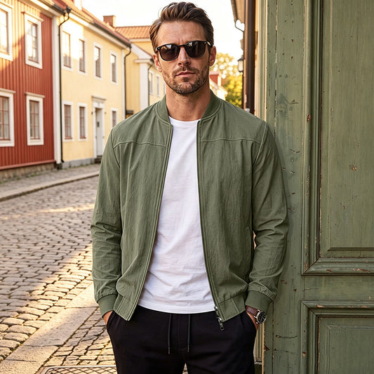 Men's Classic 100% Cotton Bomber Jacket with Two-Way Zipper