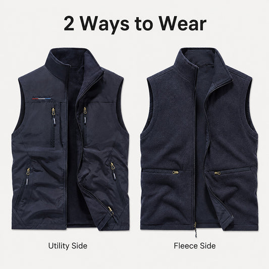 Men’s Reversible Fleece-Lined Utility Vest with 8 Pockets