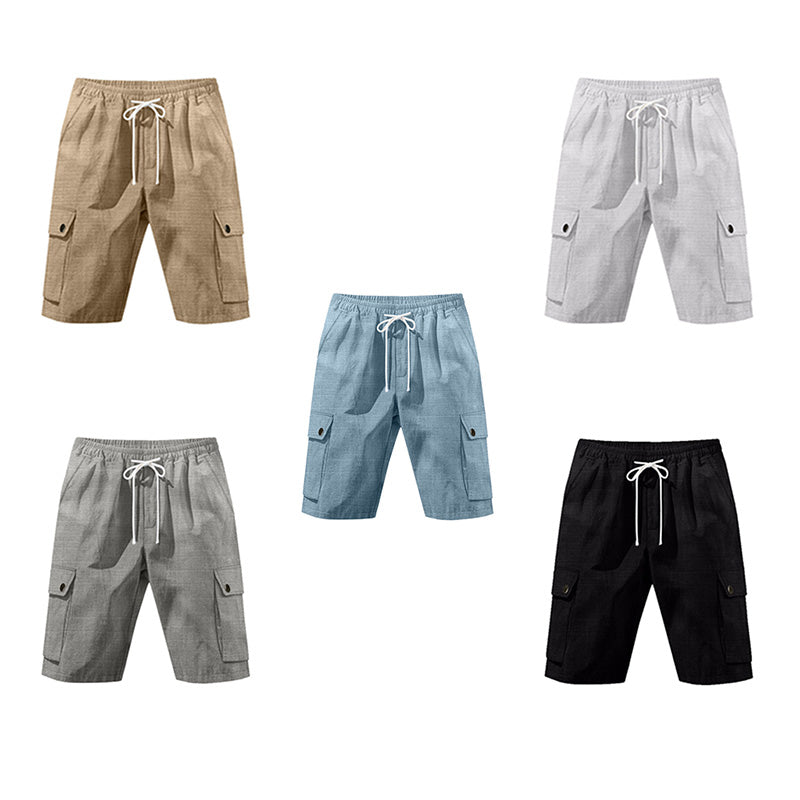 Men Linen Elastic Waist Casual Cargo Shorts