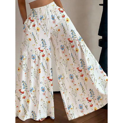 Women's 2026 New Floral High Waist Wide Leg Pants - Lightweight Flowy Boho Palazzo Trousers with Pockets for Casual Summer Wear