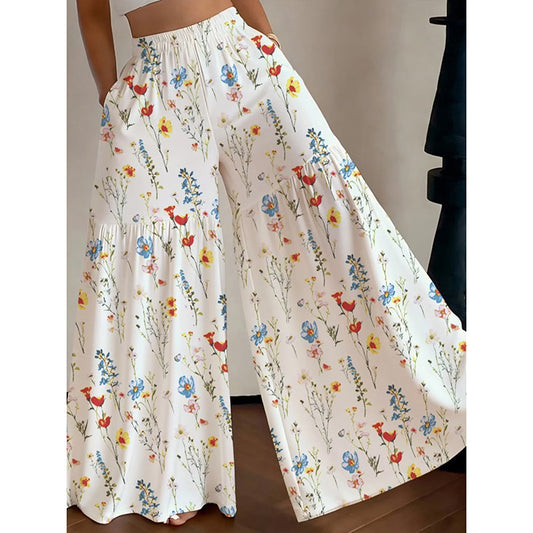 Women's 2026 New Floral High Waist Wide Leg Pants - Lightweight Flowy Boho Palazzo Trousers with Pockets for Casual Summer Wear