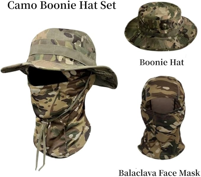 Camouflage Boonie Hat with Detachable Face Mask Set, Windproof Drawstring Sun Hat for Outdoor Hiking, Fishing & Travel