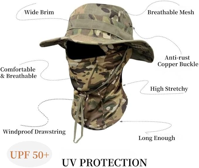 Camouflage Boonie Hat with Detachable Face Mask Set, Windproof Drawstring Sun Hat for Outdoor Hiking, Fishing & Travel