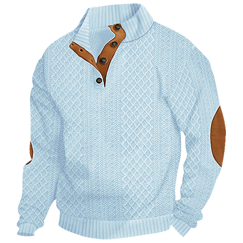 Men's Quarter-Zip Jacquard Sweater - Long Sleeve Mock Neck Pullover with Elbow Patches