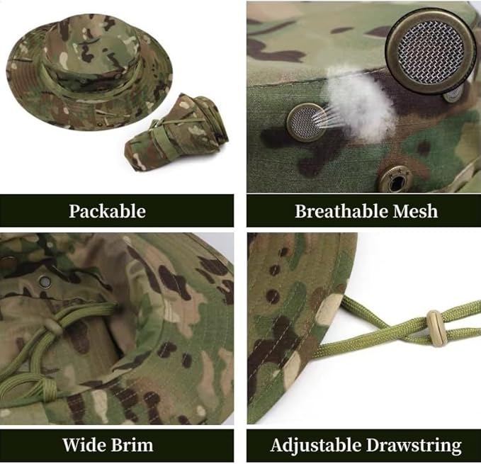 Camouflage Boonie Hat with Detachable Face Mask Set, Windproof Drawstring Sun Hat for Outdoor Hiking, Fishing & Travel