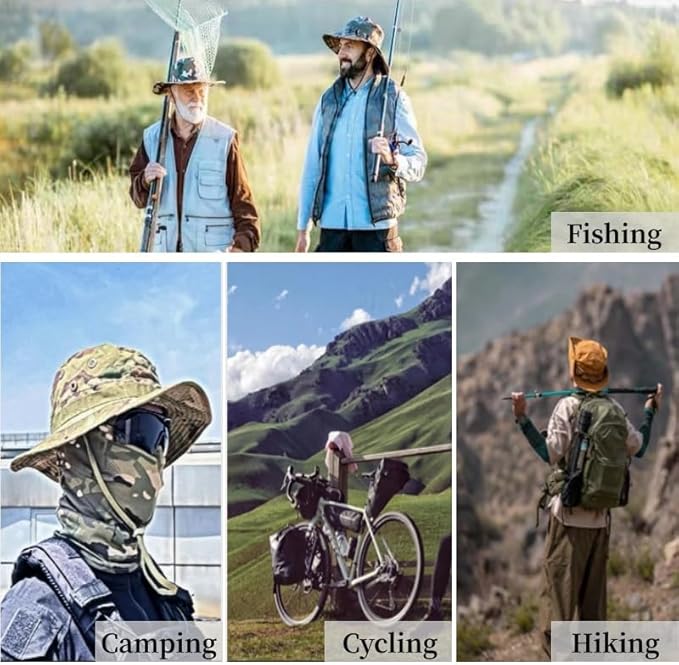 Camouflage Boonie Hat with Detachable Face Mask Set, Windproof Drawstring Sun Hat for Outdoor Hiking, Fishing & Travel