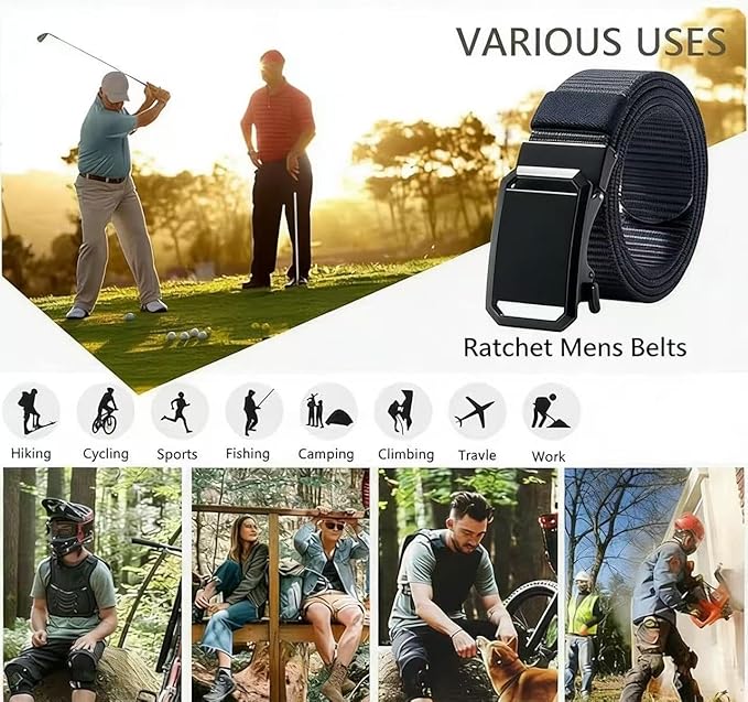 Men's Nylon Tactical Belt with Automatic Ratchet Buckle - 120cm(47.2") Length, Heavy-Duty Canvas Belt for Work & Outdoor Hiking