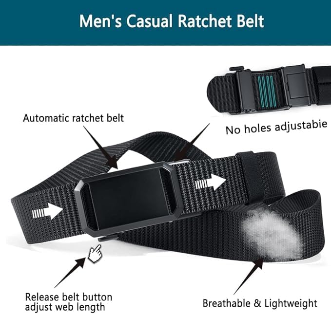 Men's Nylon Tactical Belt with Automatic Ratchet Buckle - 120cm(47.2") Length, Heavy-Duty Canvas Belt for Work & Outdoor Hiking