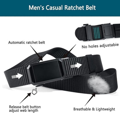 Men's Nylon Tactical Belt with Automatic Ratchet Buckle - 120cm(47.2") Length, Heavy-Duty Canvas Belt for Work & Outdoor Hiking