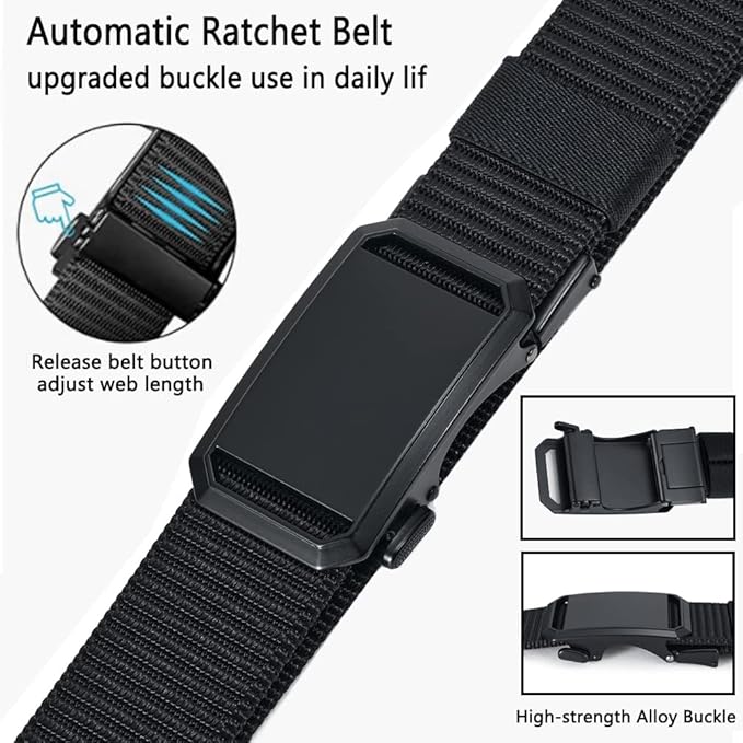Men's Nylon Tactical Belt with Automatic Ratchet Buckle - 120cm(47.2") Length, Heavy-Duty Canvas Belt for Work & Outdoor Hiking