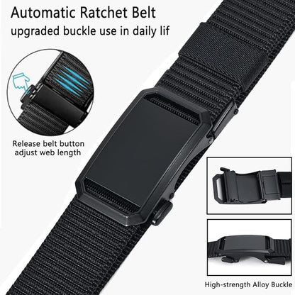 Men's Nylon Tactical Belt with Automatic Ratchet Buckle - 120cm(47.2") Length, Heavy-Duty Canvas Belt for Work & Outdoor Hiking