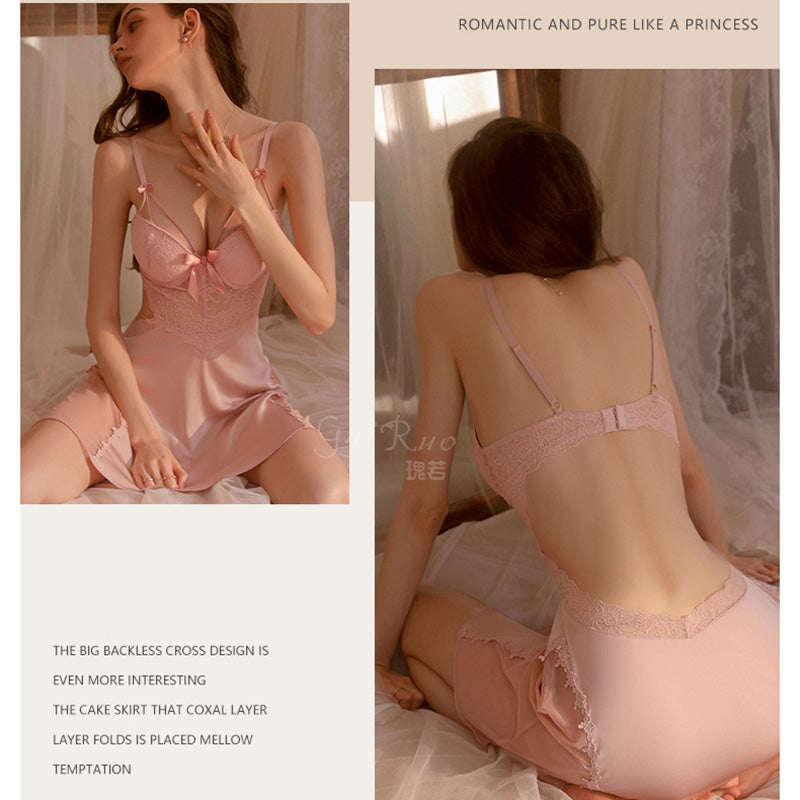 Women's Satin Lace Backless Babydoll Nightgown
