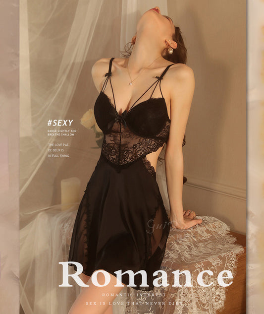 Women's Satin Lace Backless Babydoll Nightgown