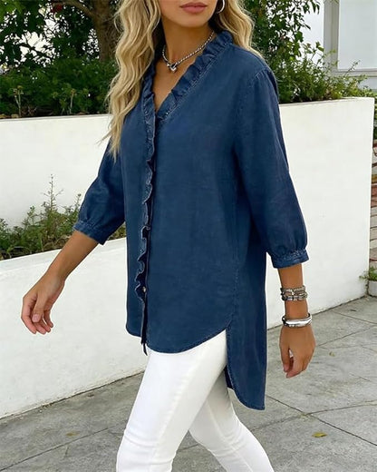 Women's Ruffle V-Neck Chambray-Look Blouse, 3/4 Sleeve Casual Denim-Style Shirt with High-Low Hem