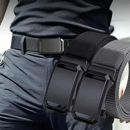 Men's Nylon Tactical Belt with Automatic Ratchet Buckle - 120cm(47.2") Length, Heavy-Duty Canvas Belt for Work & Outdoor Hiking