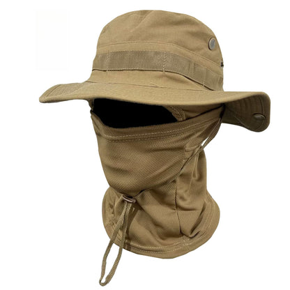 Camouflage Boonie Hat with Detachable Face Mask Set, Windproof Drawstring Sun Hat for Outdoor Hiking, Fishing & Travel