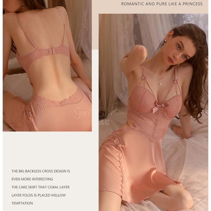 Women's Satin Lace Backless Babydoll Nightgown