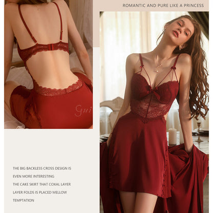 Women's Satin Lace Backless Babydoll Nightgown