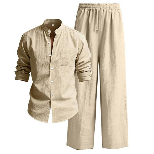 Men's Linen Blend 2-Piece Outfit, Stand Collar Roll-Up Sleeve Shirt & Wide Leg Pants Casual Set