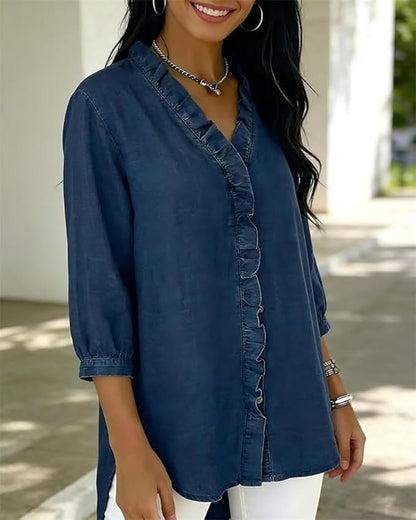 Women's Ruffle V-Neck Chambray-Look Blouse, 3/4 Sleeve Casual Denim-Style Shirt with High-Low Hem