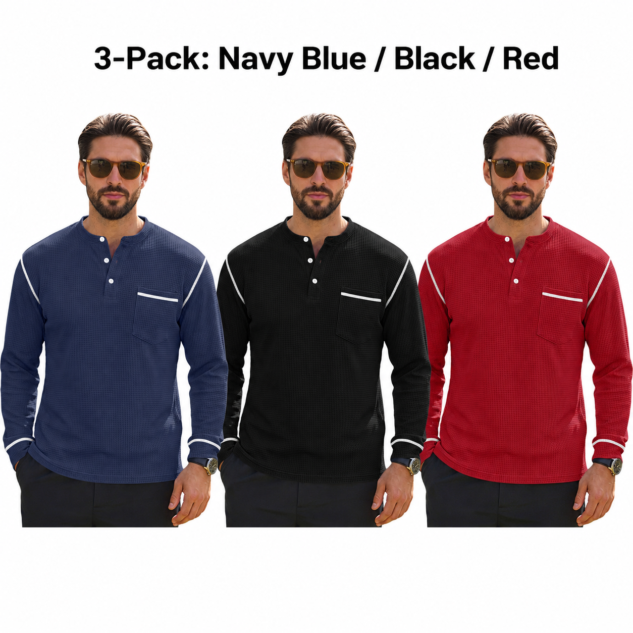 Men's Waffle-Knit Henley Long Sleeve Shirt - Casual Slim Fit Tops with Contrast Trim