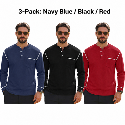 Men's Waffle-Knit Henley Long Sleeve Shirt - Casual Slim Fit Tops with Contrast Trim
