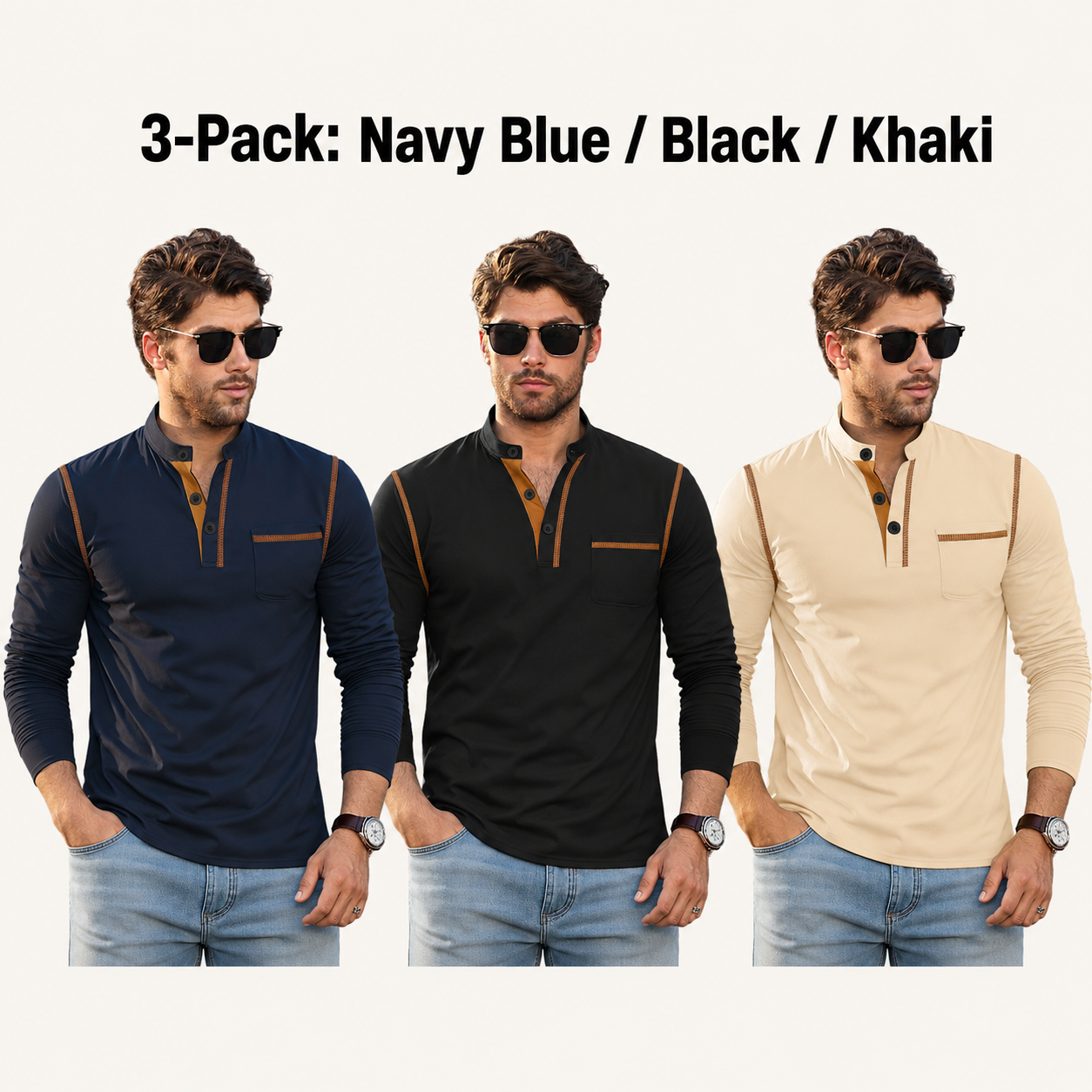 Men's Long Sleeve Henley with Contrast Trim