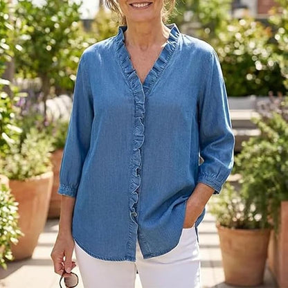 Women's Ruffle V-Neck Chambray-Look Blouse, 3/4 Sleeve Casual Denim-Style Shirt with High-Low Hem