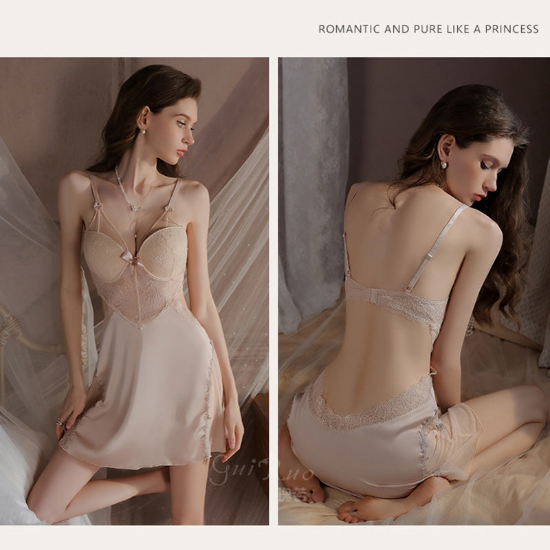 Women's Satin Lace Backless Babydoll Nightgown