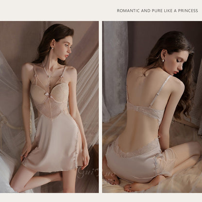 Women's Satin Lace Backless Babydoll Nightgown
