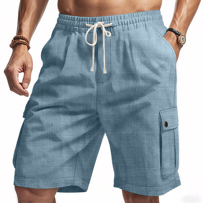 Men Linen Elastic Waist Casual Cargo Shorts
