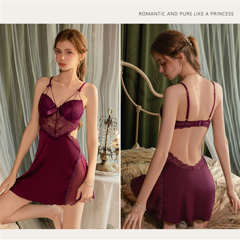 Women's Satin Lace Backless Babydoll Nightgown