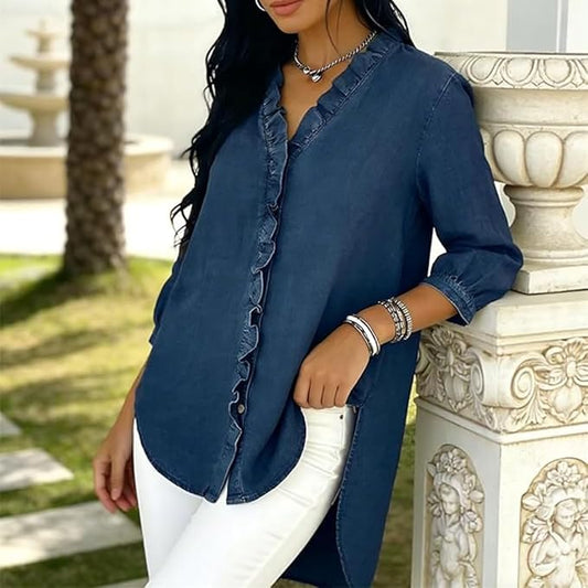 Women's Ruffle V-Neck Chambray-Look Blouse, 3/4 Sleeve Casual Denim-Style Shirt with High-Low Hem