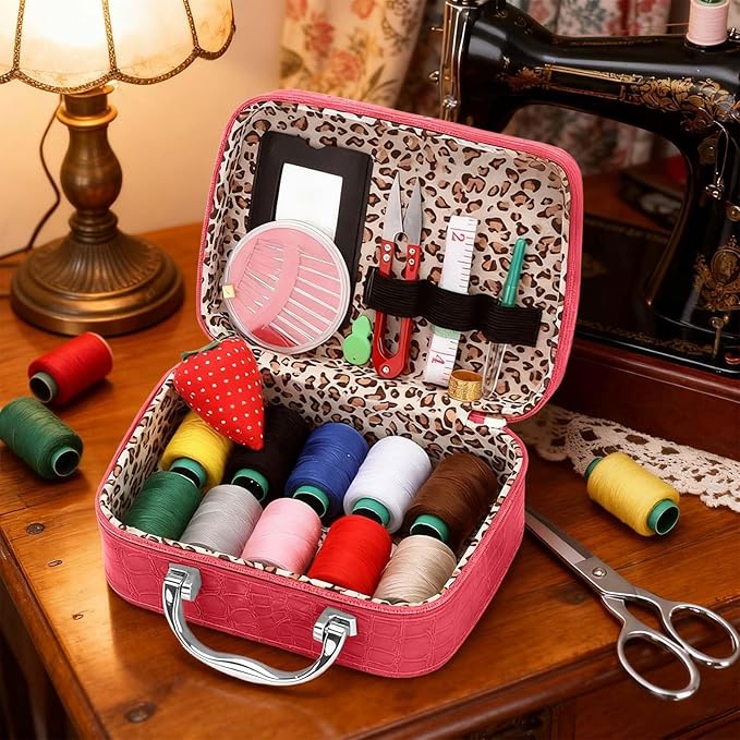 Premium Portable Sewing Kit with Faux Leather Case, Complete Home & Travel Sewing Supplies Set