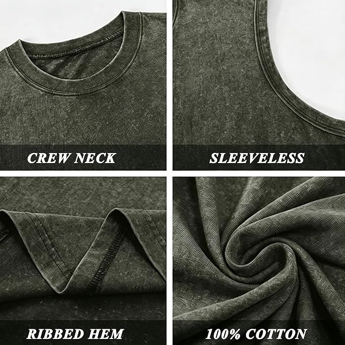 Men’s 100% Cotton Washed Vintage Sleeveless Tank Top - Casual Distressed Crew Neck Muscle Shirt