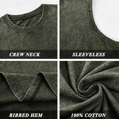 Men’s 100% Cotton Washed Vintage Sleeveless Tank Top - Casual Distressed Crew Neck Muscle Shirt