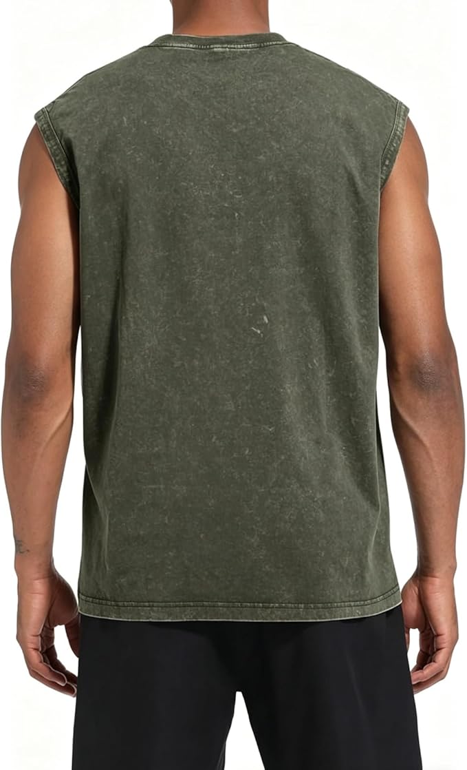 Men’s 100% Cotton Washed Vintage Sleeveless Tank Top - Casual Distressed Crew Neck Muscle Shirt