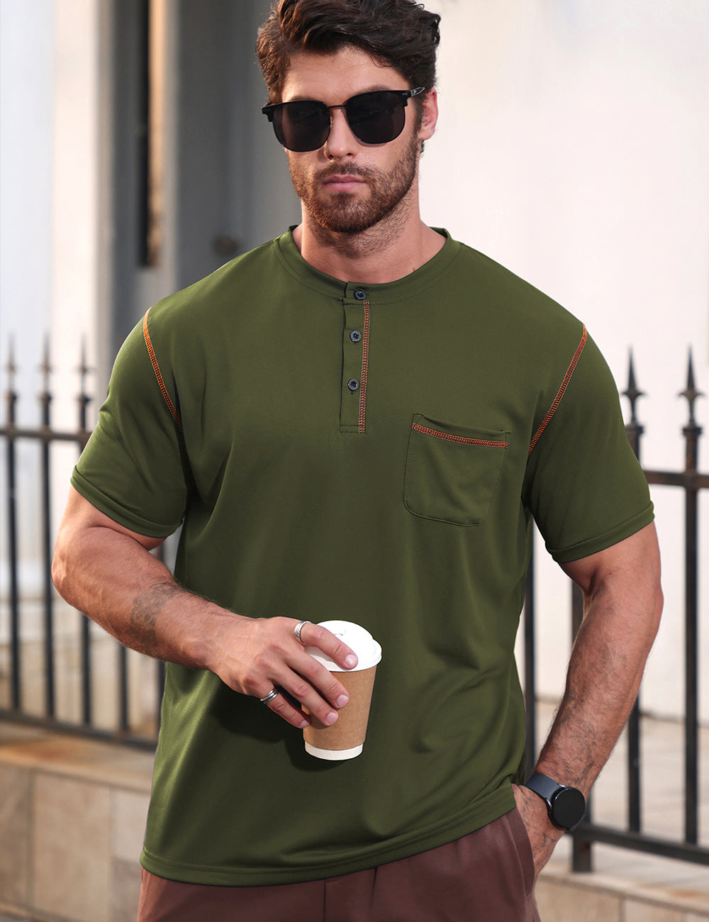 Men's Short Sleeve Henley Shirt, Quick Dry Casual Slim Fit Tee with Contrast Trim