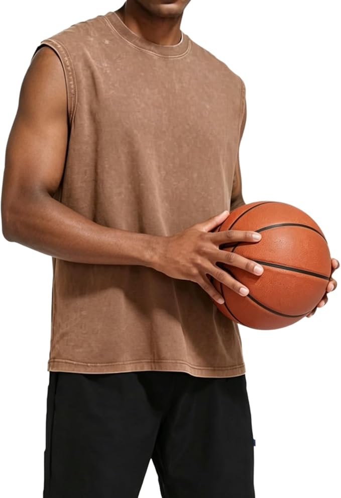 Men’s 100% Cotton Washed Vintage Sleeveless Tank Top - Casual Distressed Crew Neck Muscle Shirt