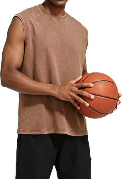 Men’s 100% Cotton Washed Vintage Sleeveless Tank Top - Casual Distressed Crew Neck Muscle Shirt