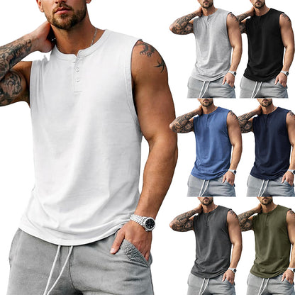 Men Henley Sleeveless Tank Top Quick Dry Gym Workout Shirt
