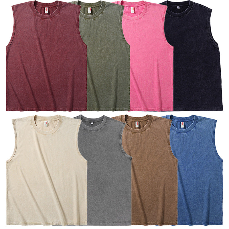 Men’s 100% Cotton Washed Vintage Sleeveless Tank Top - Casual Distressed Crew Neck Muscle Shirt