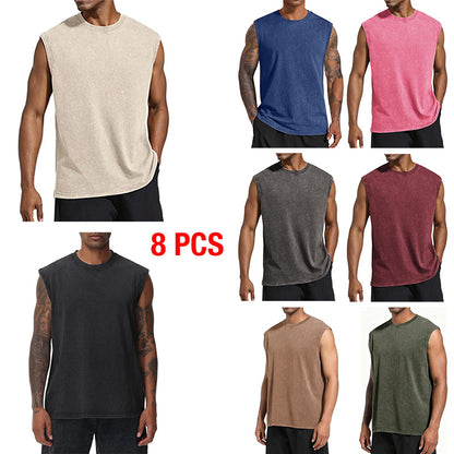 Men’s 100% Cotton Washed Vintage Sleeveless Tank Top - Casual Distressed Crew Neck Muscle Shirt