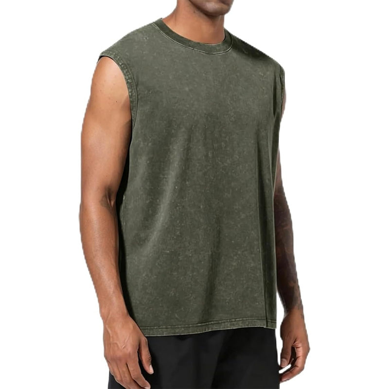 Men’s 100% Cotton Washed Vintage Sleeveless Tank Top - Casual Distressed Crew Neck Muscle Shirt