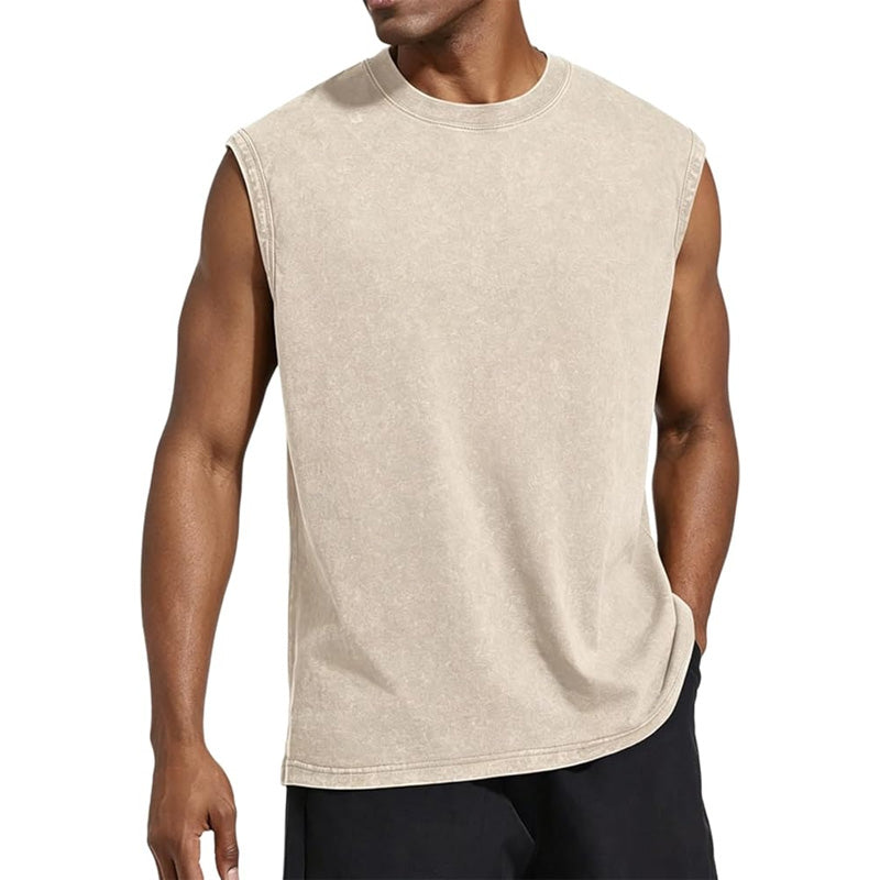 Men’s 100% Cotton Washed Vintage Sleeveless Tank Top - Casual Distressed Crew Neck Muscle Shirt