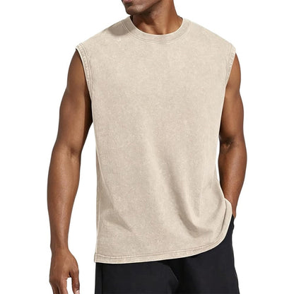 Men’s 100% Cotton Washed Vintage Sleeveless Tank Top - Casual Distressed Crew Neck Muscle Shirt