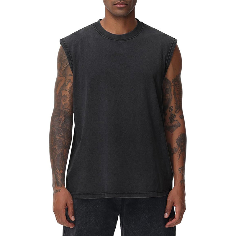 Men’s 100% Cotton Washed Vintage Sleeveless Tank Top - Casual Distressed Crew Neck Muscle Shirt